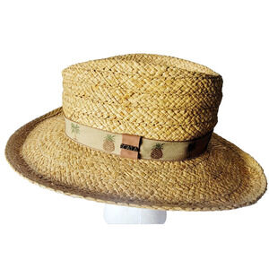 Scala Raffia Straw Hat Palm Tree Pineapple Band S/M 21.5” Summer Boho Coastal